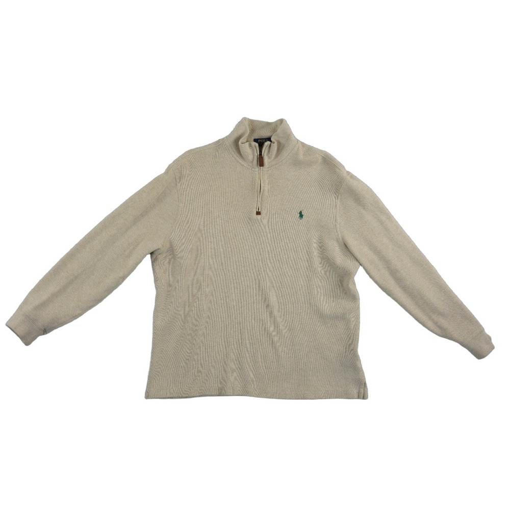 Polo Ralph Lauren Sweater Men's Size Large Tan Ribbed Cotton‎ Quarter Zip Pony